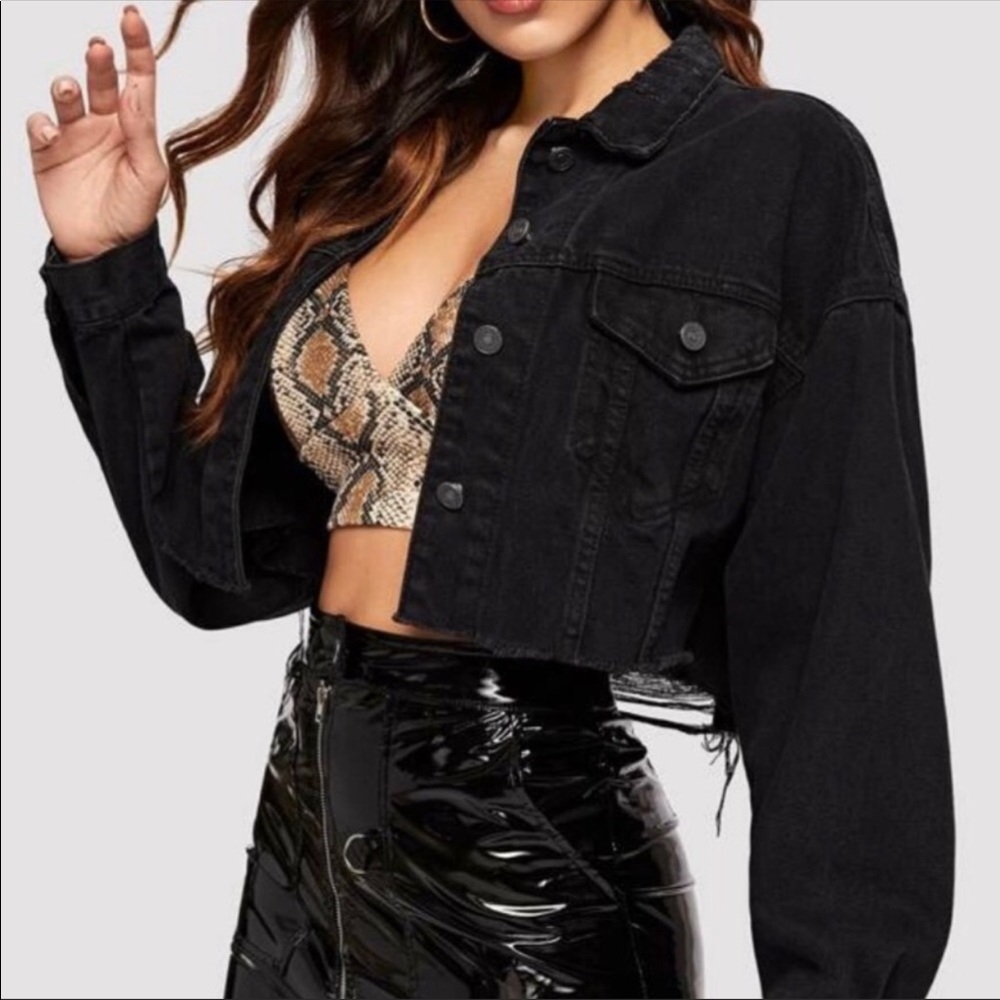 Distressed crop denim jacket